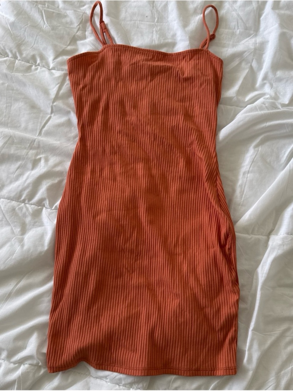 Windsor Rust-Orange Ribbed Spaghetti Strap Mini Dress